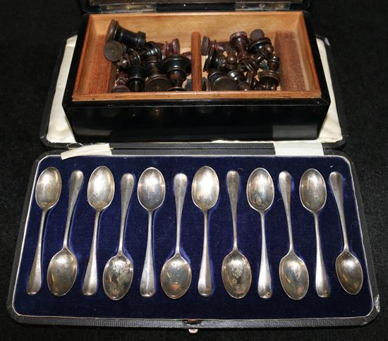 Silver mounted bridge box & cased silver spoons